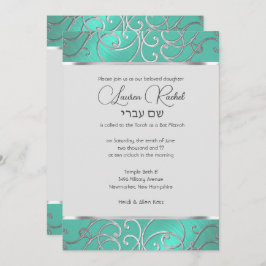 Convites Bat Mitzvah Elegante Aqua Green Silver Filigree