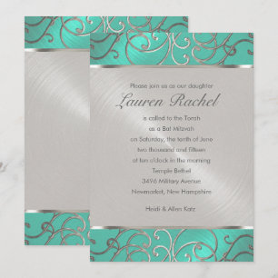 Convites Bat Mitzvah Elegante Aqua Green Silver Filigree
