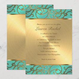 Convites Bat Mitzvah Elegante Aqua Verde Dourado Filigrana
