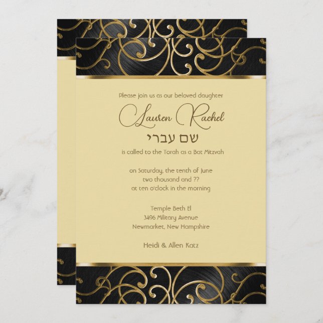 Convites Bat Mitzvah Elegante Black e Dourado Filigree (Frente/Verso)