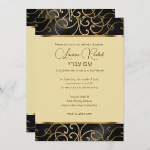 Convites Bat Mitzvah Elegante Black e Dourado Filigree