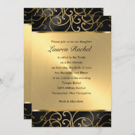 Convites Bat Mitzvah Elegante Black e Dourado Filigree