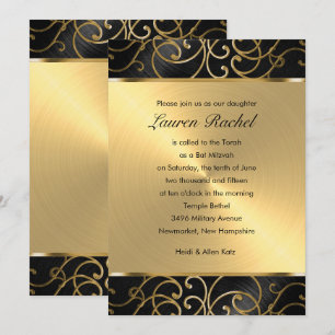 Convites Bat Mitzvah Elegante Black e Dourado Filigree