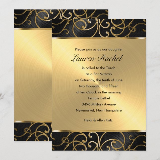 Convites Bat Mitzvah Elegante Black e Dourado Filigree (Frente/Verso)