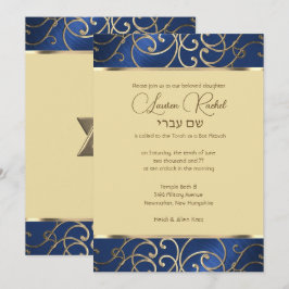 Convites Bat Mitzvah Elegante Blue e Dourado Filigree