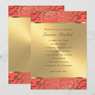 Convites Bat Mitzvah Elegante Coral e Dourado Filigree