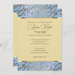 Convites Bat Mitzvah Elegante Dusty Blue e Dourado Filigree