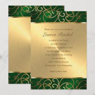 Convites Bat Mitzvah Elegante Emerald Green Filigree Dourad