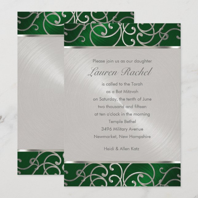 Convites Bat Mitzvah Elegante Emerald Green Silver Filigree (Frente/Verso)