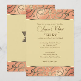 Convites Bat Mitzvah Elegante Filigrana Dourada e Bege