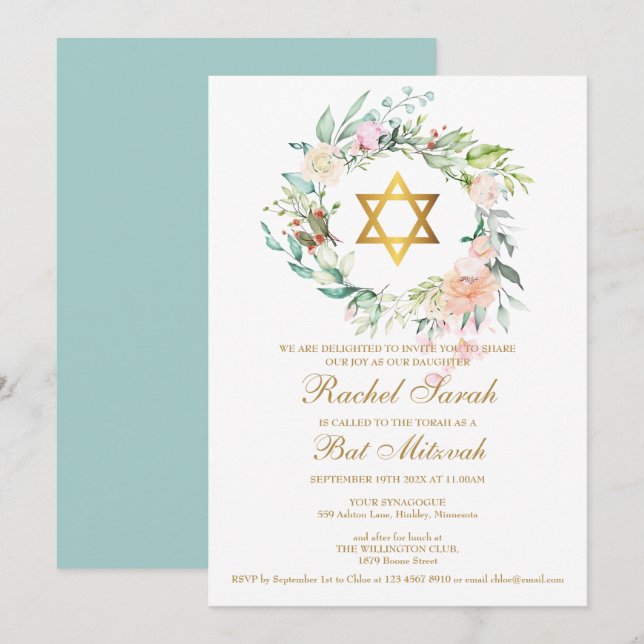 Convites Bat Mitzvah Elegante Grinalda Floral Aquarela (Frente/Verso)