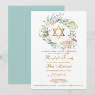 Convites Bat Mitzvah Elegante Guirlanda Floral Aquarela