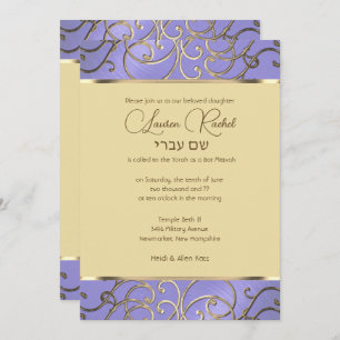 Convites Bat Mitzvah Elegante Lavanda Purple Dourado Filigr
