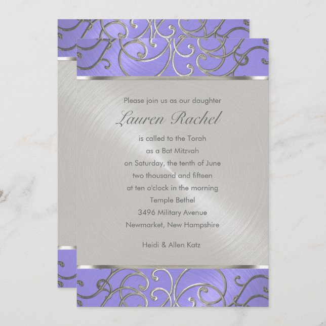 Convites Bat Mitzvah Elegante Lavanda Púrpura Filigre (Frente/Verso)