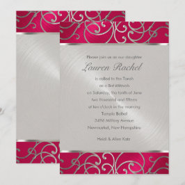 Convites Bat Mitzvah Elegante Magenta - Pink Silver Filigre