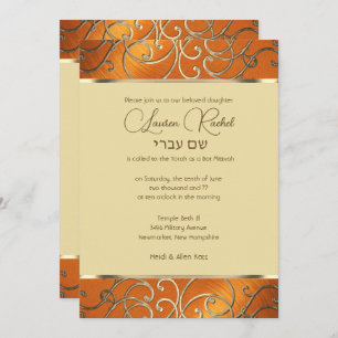 Convites Bat Mitzvah Elegante Orange e Dourado Filigree