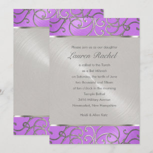 Convites Bat Mitzvah Elegante Orchid Purple Silver Filigree