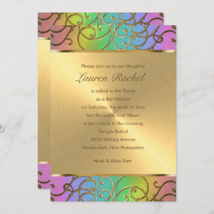 Convites Bat Mitzvah Elegante Rainbow e Dourado Filigree