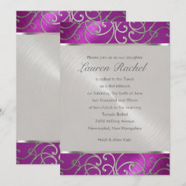 Convites Bat Mitzvah Elegante Raspberry Pink Silver Filigre