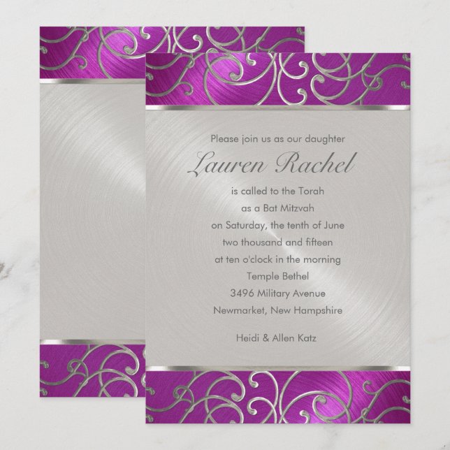Convites Bat Mitzvah Elegante Raspberry Pink Silver Filigre (Frente/Verso)