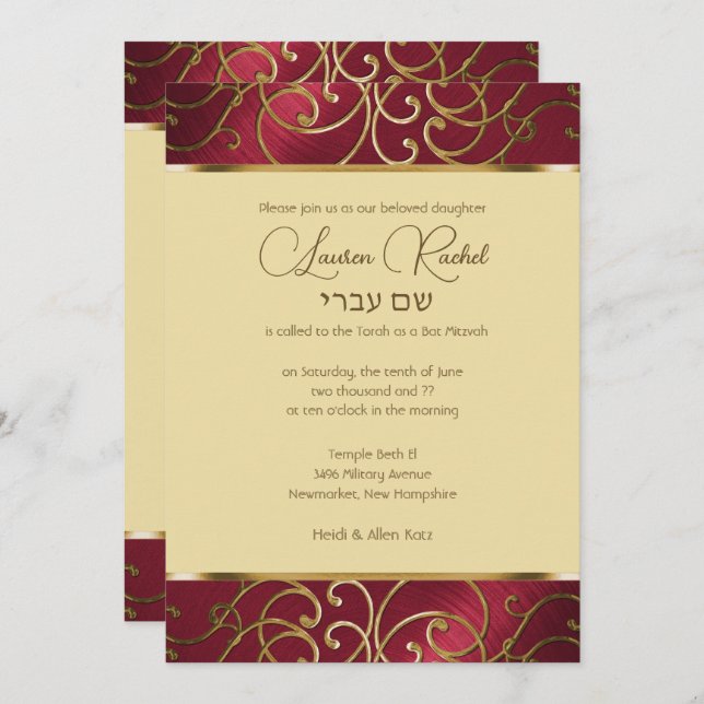 Convites Bat Mitzvah Elegante Red e Dourado Filigree (Frente/Verso)