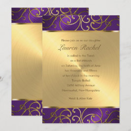 Convites Bat Mitzvah Elegante Roxo e Dourado Filigree