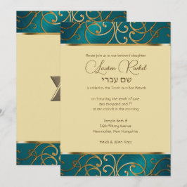 Convites Bat Mitzvah Elegante Teal Blue e Dourado Filigree