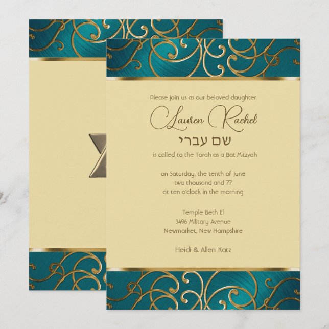 Convites Bat Mitzvah Elegante Teal Blue e Dourado Filigree (Frente/Verso)