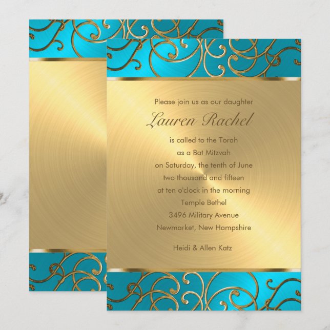 Convites Bat Mitzvah Elegante Turquesa Azul Filigre Dourado (Frente/Verso)