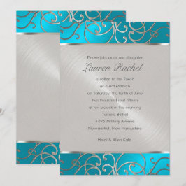 Convites Bat Mitzvah Elegante Turquesa Blue Silver Filigree