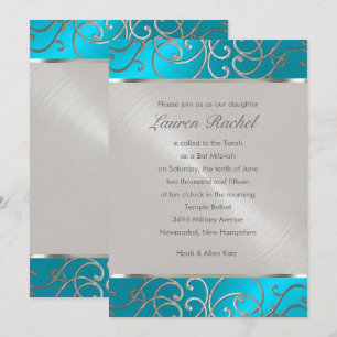 Convites Bat Mitzvah Elegante Turquesa Blue Silver Filigree