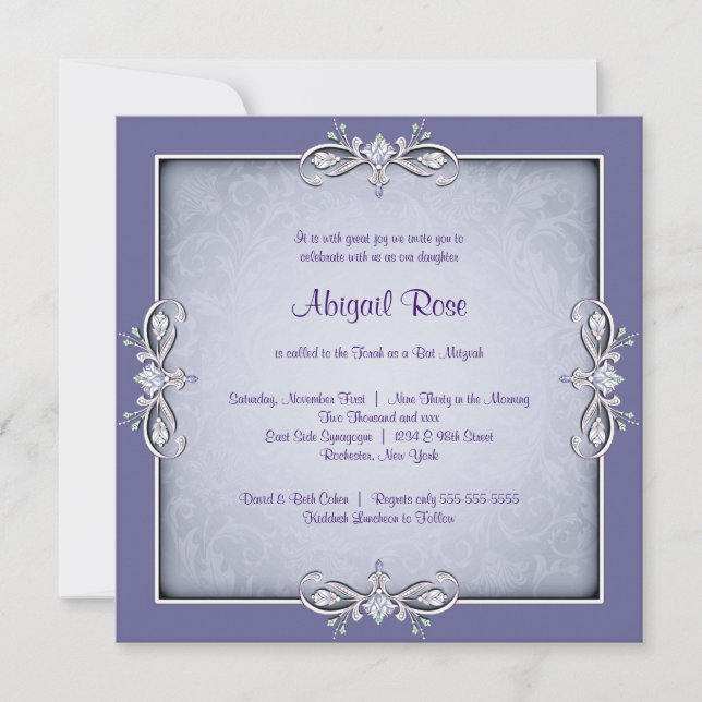 Convites Bat Mitzvah em Damasco Roxo (Frente)