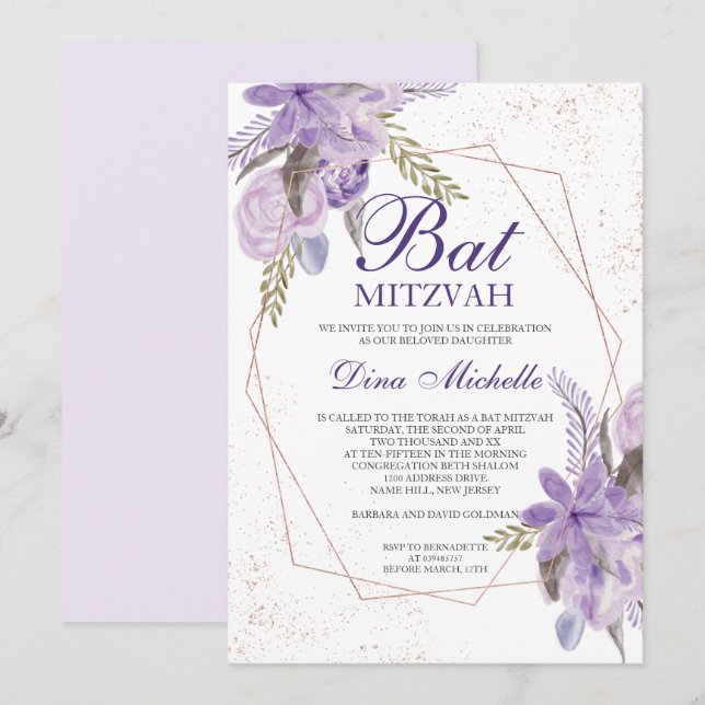 Convites Bat Mitzvah em rosa dourado com flores roxas em aq (Frente/Verso)