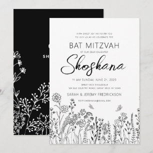 Convites Bat Mitzvah Estilo de Letra Floral Esboço