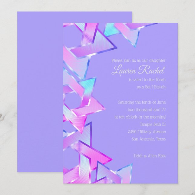 Convites Bat Mitzvah, Estrela Azul Rosa Púrpura de David (Frente/Verso)