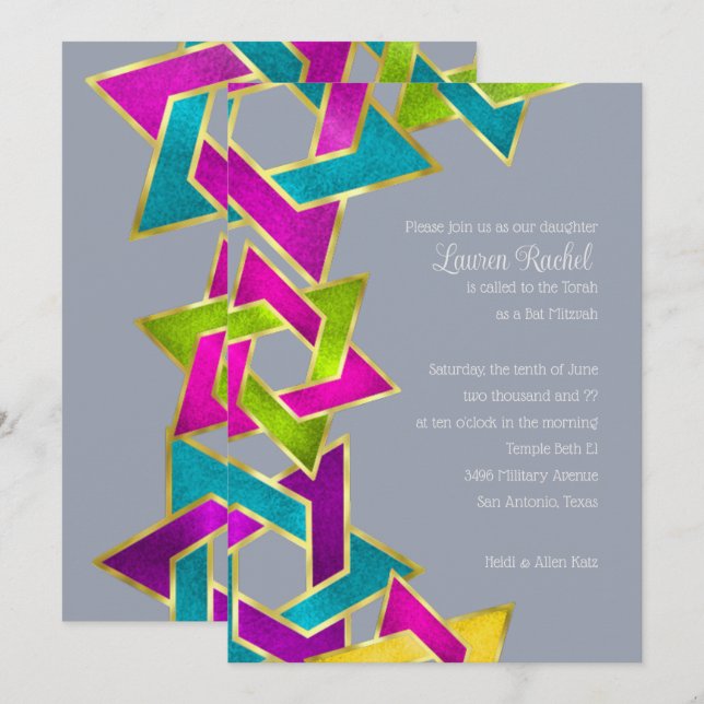 Convites Bat Mitzvah - Estrela Colorida de David a Qualquer (Frente/Verso)