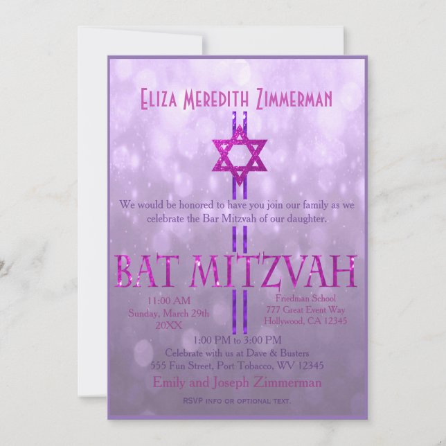 Convites Bat Mitzvah | Estrela de David | Roxo (Frente)