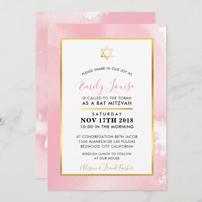 Convites BAT MITZVAH - estrela dourada, cor rosa pálida, co (Frente/Verso)