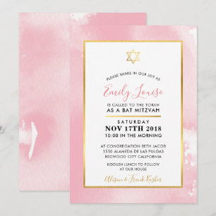 Convites BAT MITZVAH - estrela dourada, cor rosa pálida, co