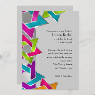 Convites Bat Mitzvah - Estrela Prateada Multicolorida de Da