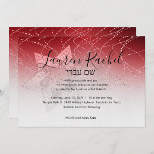 Convites Bat Mitzvah Estrela Vermelha de David Glittery Con