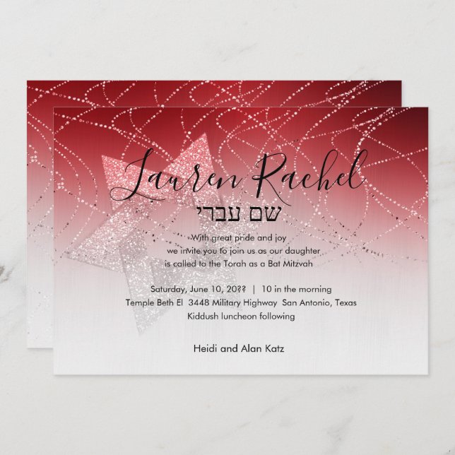 Convites Bat Mitzvah Estrela Vermelha de David Glittery Con (Frente/Verso)