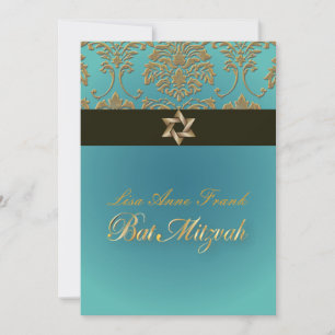 Convites Bat Mitzvah+Faux Dourado Damask/black+aqua