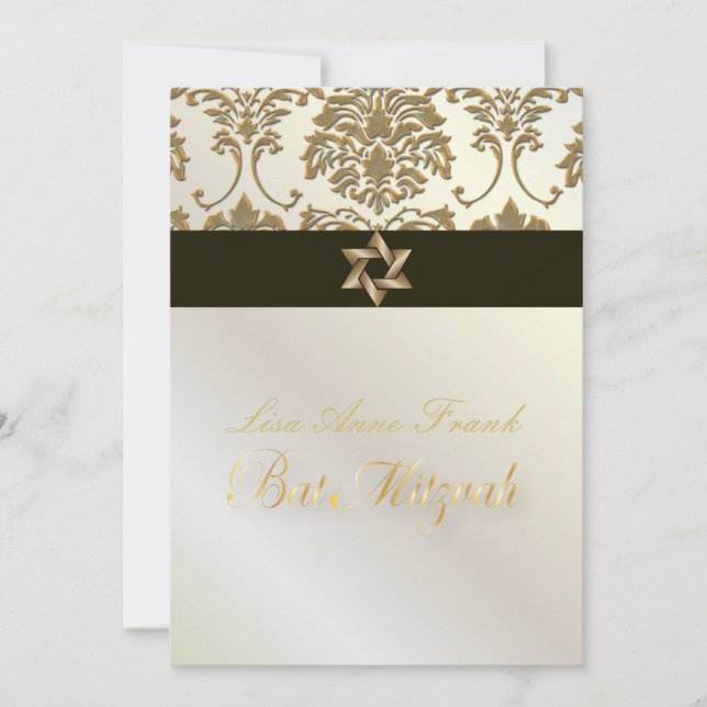 Convites Bat Mitzvah+Faux Dourado Damask/black+pérola (Frente)