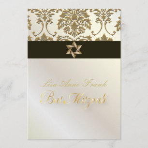 Convites Bat Mitzvah+Faux Dourado Damask/black+pérola