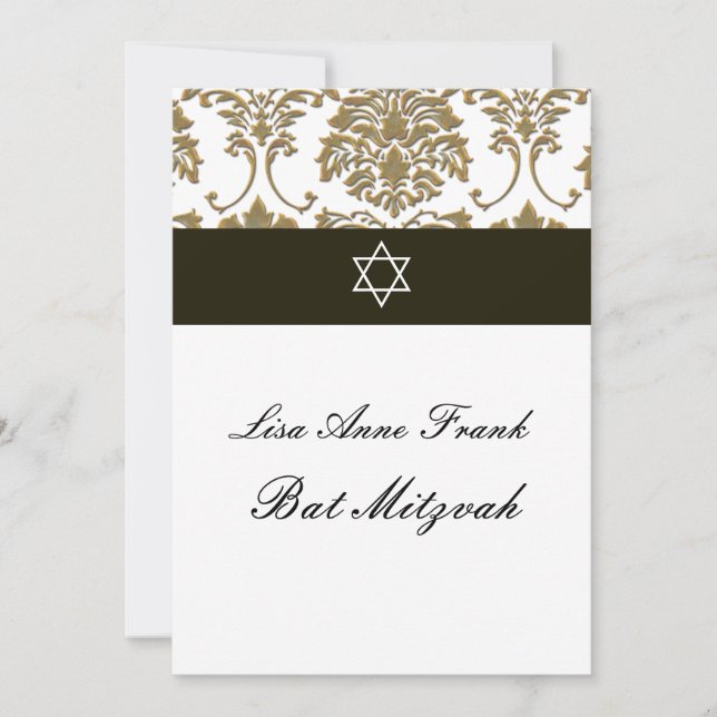Convites Bat Mitzvah+Faux Dourado Damask/black+white (Frente)