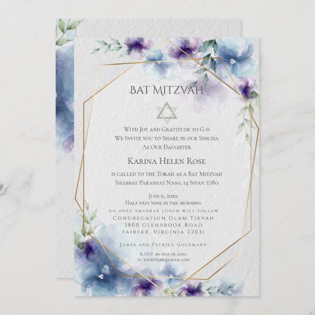 Convites BAT MITZVAH | Floral 2 Azul e Violeta (Frente/Verso)