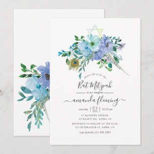 Convites Bat Mitzvah Floral Boho em Aquarela Azul e Hortelã