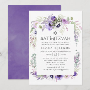 Convites Bat Mitzvah Floral de Aquarela Violeta Ultra