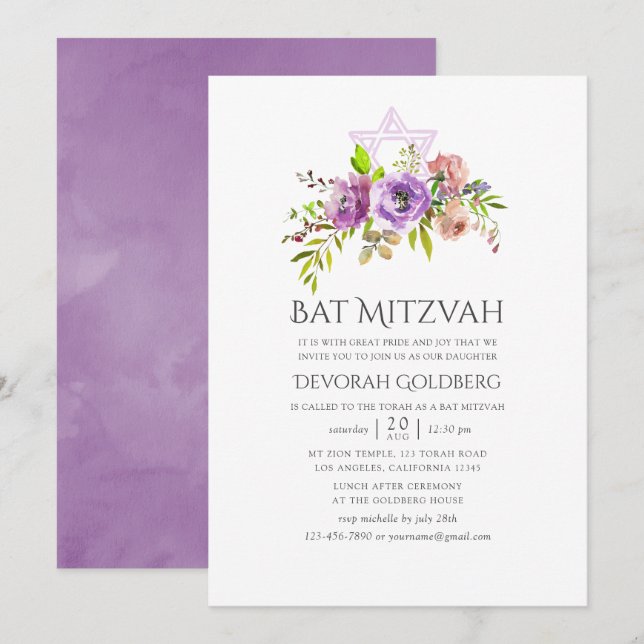 Convites Bat Mitzvah Floral de Primavera (Frente/Verso)